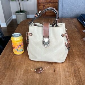 Tumi Saffiano Leather Bucket Bag, Cream and Brown Women's Bag